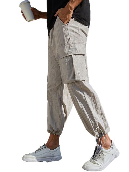 

men flap pocket drawstring waist cargo pants 20yr#, Black