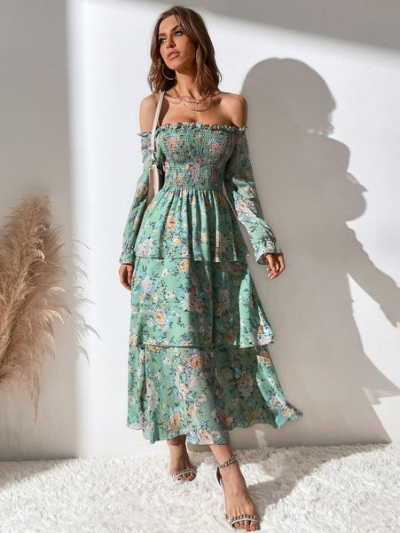 

allover floral print off the shoulder shirred layered hem dress m4el#, Black;gray