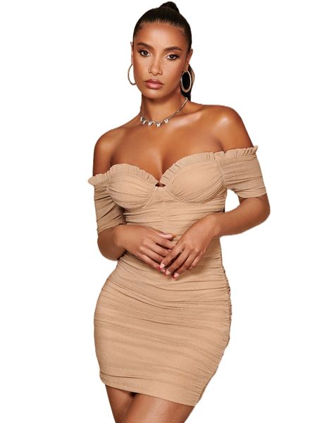 

bae off shoulder frill ruched bodycon dress a7aw#, Black;gray