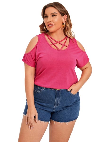 

plus cold shoulder crisscross front tee w84s#, Black
