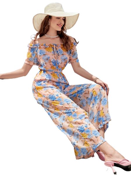 

allover floral print frill trim tie front jumpsuit g2by#, Black;white