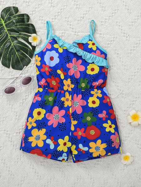 

toddler girls dot & floral print ruffle trim cami romper she, Blue