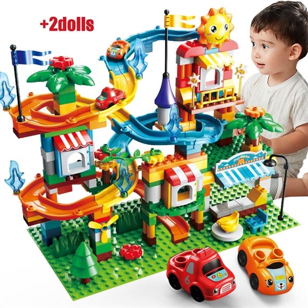 ZKZC Marmor Rennen Run Große Größe Stadt Bausteine Trichter Rutsche Auto DIY Figur Ziegel Lernspielzeug Für Kinder Geschenke 220715