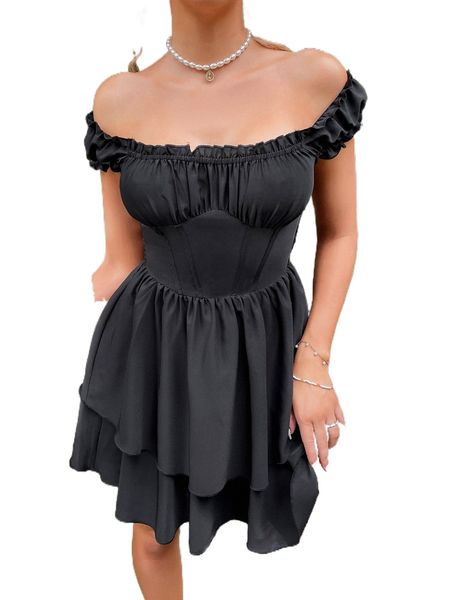

off shoulder frill trim ruched bust layered hem dress b6md#, Black;gray