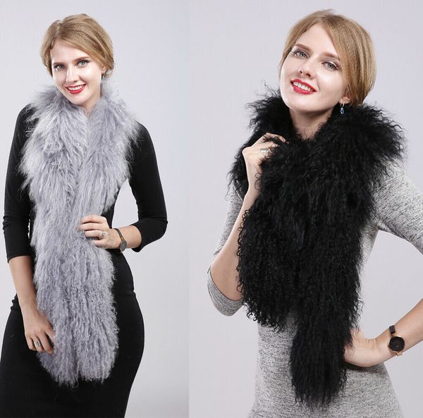 

mongolian sheepskin scarf for ladies shawl double sided wool scarf black grey, Blue;gray