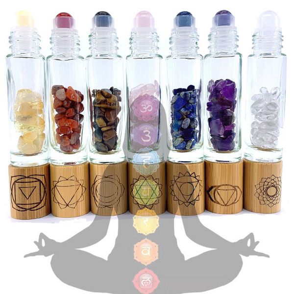 

Reiki Healing Crystal Stone Roller Bottle with Engraved Chakra Symbols Bamboo Cap Balancing Stones 7pcs/lot P305