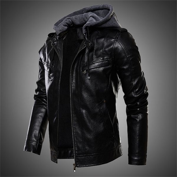 Jaqueta masculina jaqueta de couro pu com capuz de casaco com capuz para casaco de motocicleta revestido de moda de moda de outono de inverno mais tamanho 4xl 5xl 201127