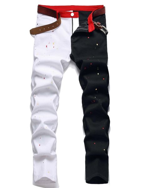 

men paint drip print two tone jeans without belt s9rj#, Blue