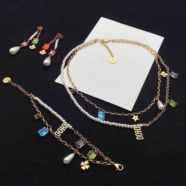 

d home di color double layer necklace simple old star pearl clover jewelry, Black