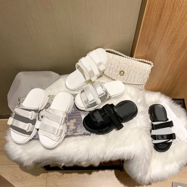

luxury designer women sandals platforms casual slippers thick soled flat heel adjustable buckle shoes flip flops summer beach lady slippers, Black