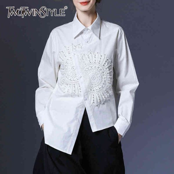 

patchwork embroidery shirt for women lapel long sleeve casual white blouse female fashion clothing 210423