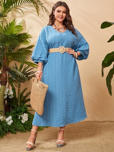 

plus drop shoulder bishop sleeve dress without belt 29vq#, Black