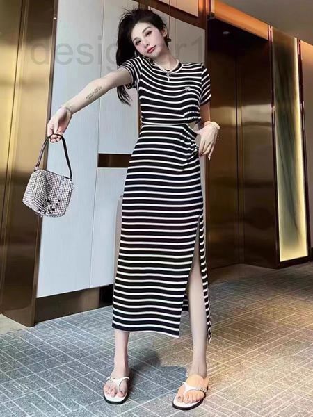 

casual dresses designer aw22 summer new stripe zipper connection detachable slim hem slit medium length dress uxiu, Black;gray