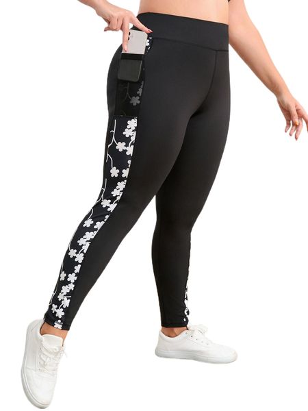 

plus contrast floral side seam sports leggings with phone pocket n9ld#, Black