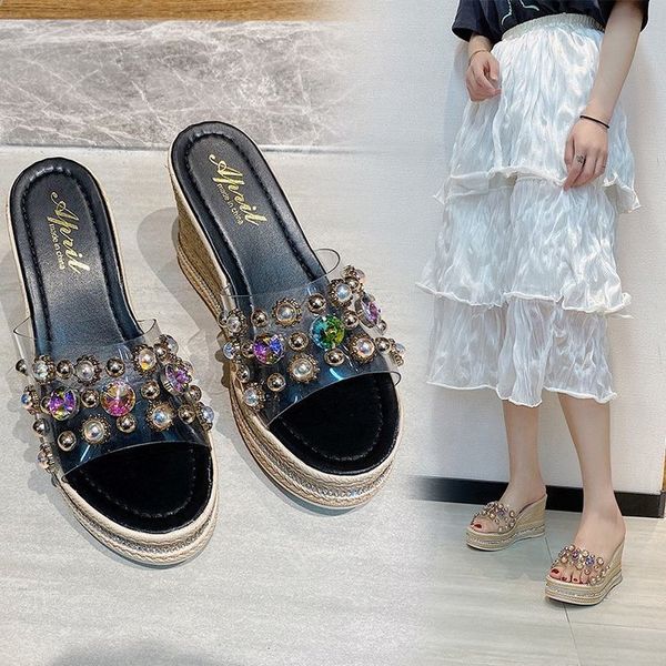 

slope heel sandals fairy style summer 2022 new waterproof platform versatile muffin thick soled high-heeled slippers, Black