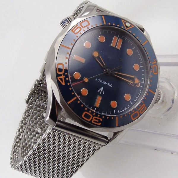 Armbanduhren Marke Mechanische Herrenuhr MIYOTA Uhrwerk Orange Markierungen Leuchtendes Stahlband Schraubkrone