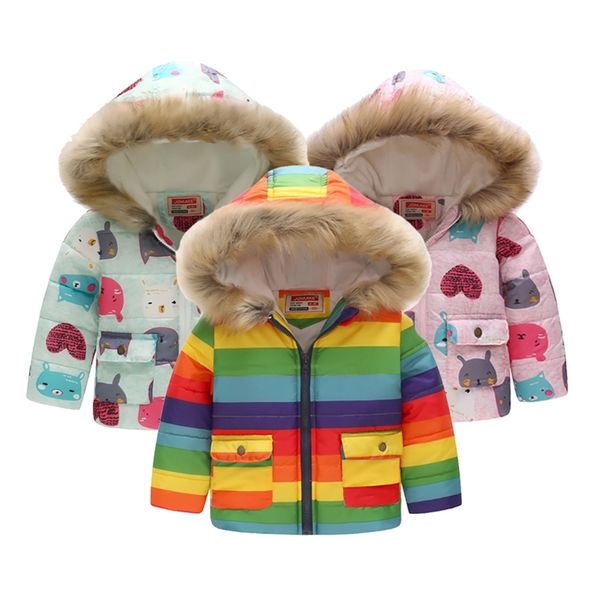 Kinder Warme Daunenmantel Kind Winter Druck Daunenjacke Druck Regenbogen Schneejacke Junge Windjacke Oberbekleidung Mädchen Parkas Mäntel LJ201201