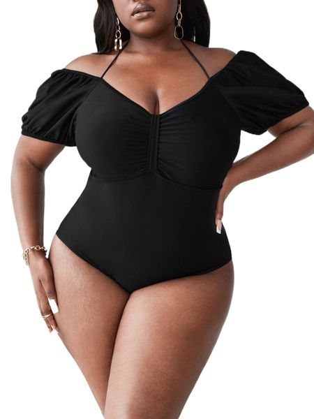 

plus ruched tie back off shoulder one piece swimsuit w49o#, White;black