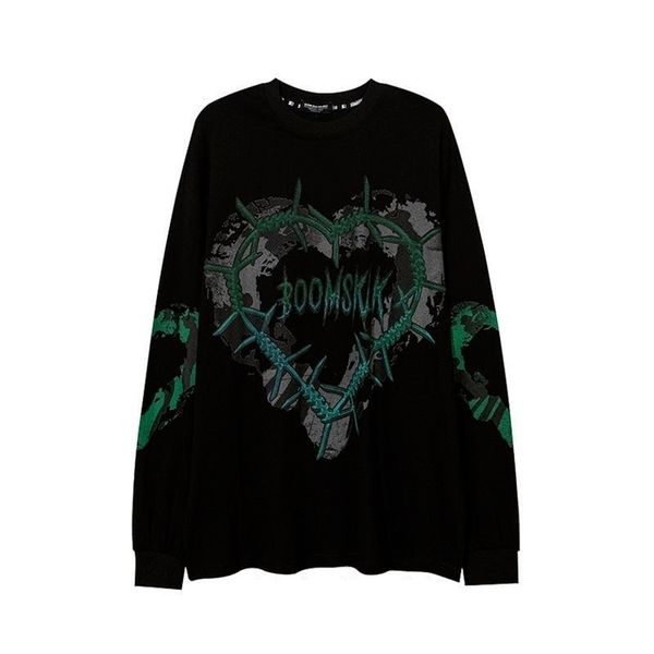 Houzhou Gothic Punk Green Print с длинным рукавом Футболка с длинным рукавом Гранж негабаритные Harajuku Streetwear O-Hee Black Top Pullover 220328