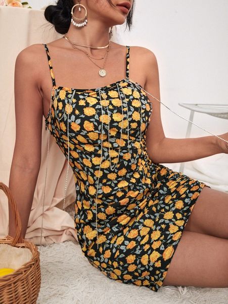 

rhinestone fringe trim allover floral cami dress t039#, Black;gray
