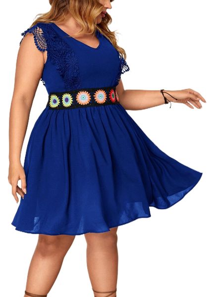 

plus guipure lace trim floral tape dress i4eh#, Black