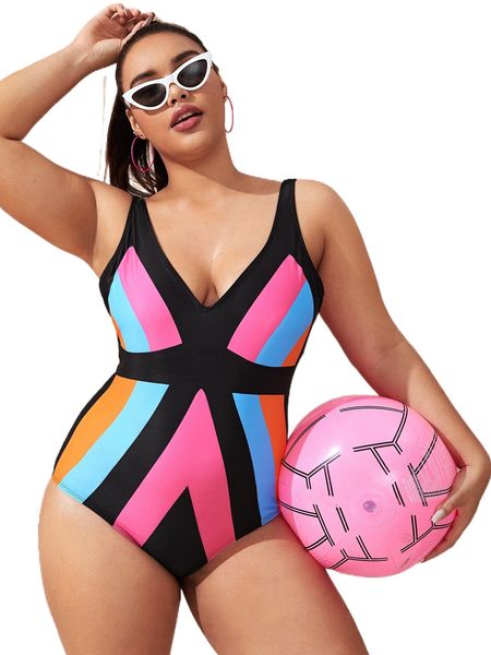 

plus color block one piece swimsuit a129#, White;black