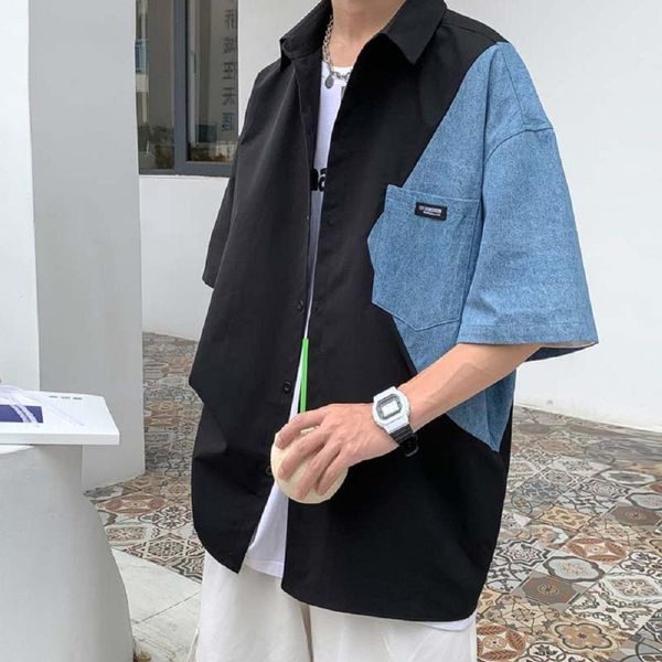 Camicie casual da uomo Cuciture di jeans Camicia a mezza manica corta da uomo Estate Versione coreana Trench Adolescenti Vestiti per ragazzi larghi Tasca maschile Moda per