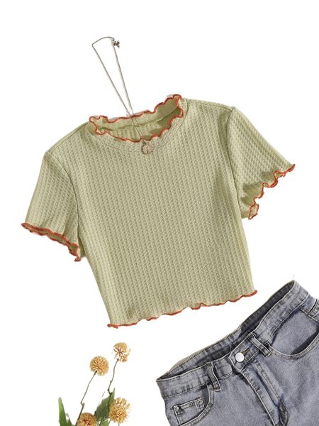 

waffle knit lettuce trim tee z1aw#, White