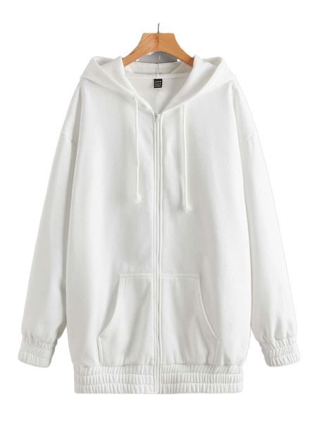 

drop shoulder zip front drawstring hoodie 333f#, Black