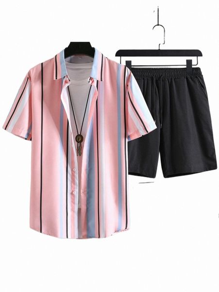 

men vertical striped shirt & drawstring waist shorts without tee m9fk#, Gray