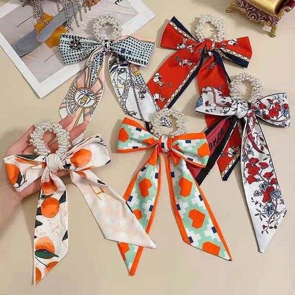 

6pcs luxury bow tiara beaded soft headband women pearl elastic hair rope ribbon silk scarf hair tie ring rubber band girl, Slivery;white