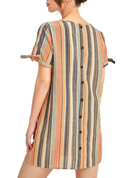 

buttoned back knot cuff striped dress 11t7#, Black;gray