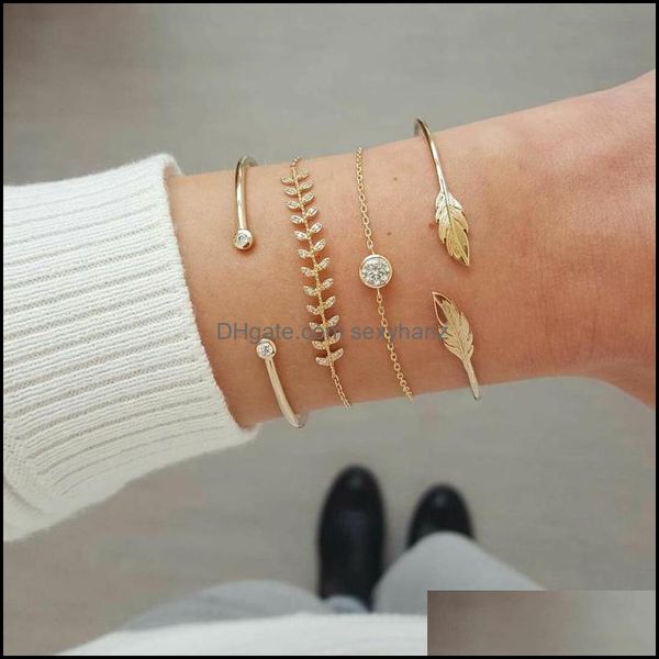 

other bracelets jewelry fashion geometric gold color crystal leaf bracelet set for women opening adjustable bangle dhals, Golden;silver