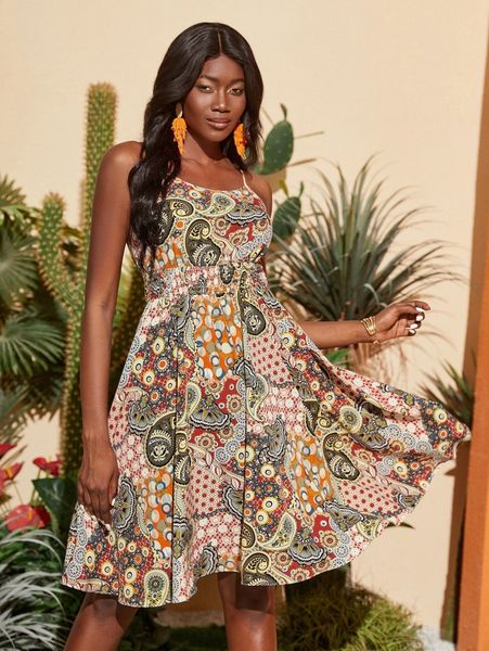 

paisley & geo print shirred waist cami dress s7e1#, Black;gray