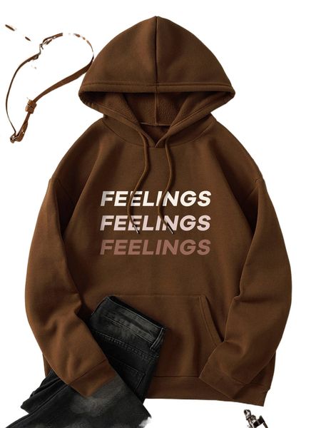 

letter graphic kangaroo pocket drawstring thermal hoodie s7sr#, Black