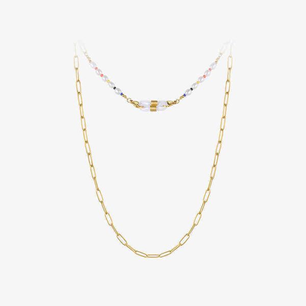 

pendant necklaces colorful glass for women gold color pearl mask choker stainless steel fashion jewelry 220427, Silver