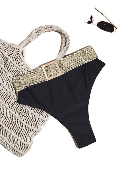 

buckled detail contrast trim high waist bikini panty k3u2#, White;black