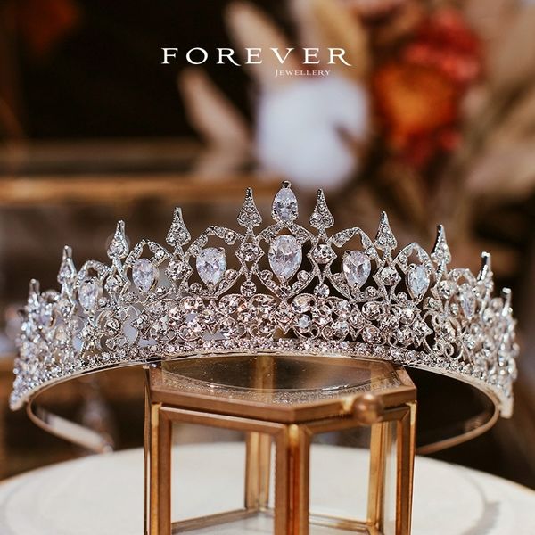 

aaa zircon crown headband bridal wedding metal tiara hair ornament 220805, Slivery;golden