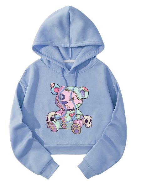 

skull and cartoon graphic thermal lined drawstring hoodie s4np#, Black