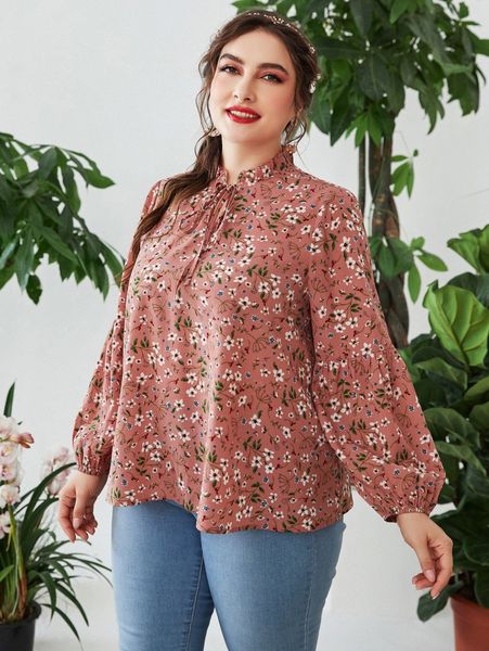 

plus ditsy floral frill tie neck lantern sleeve blouse 72is#, Black