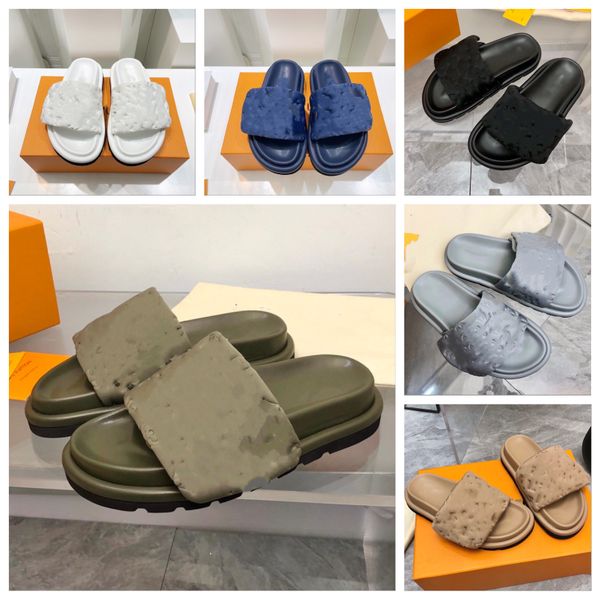 

designer sandal slippers embossed printing premium deluxe version pillow hook & loop mule summer flat heel slippers slides flip flops beach, Black