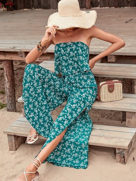 

ditsy floral split thigh tube jumpsuit 18vi#, Black;white