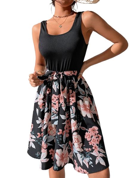

floral print belted dress p6zf#, Black;gray