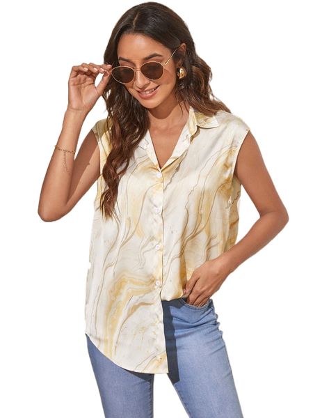 

marble print button front cap sleeve blouse d45i#, White