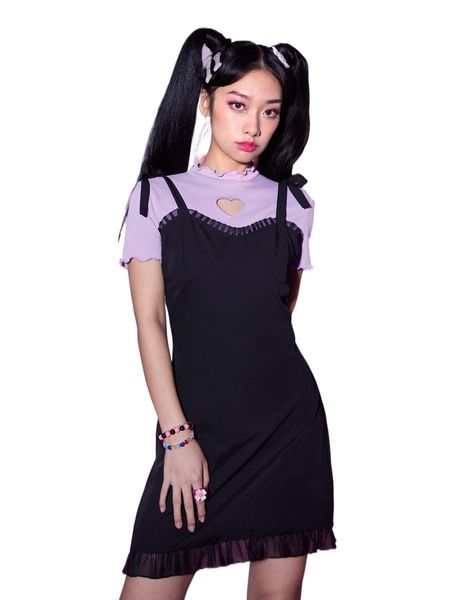 

romwe anime lettuce trim tee & ruffle hem cami dress 98av#, White