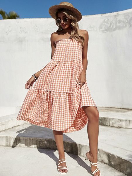 

gingham print ruffle hem tube dress f4sg#, Black;gray