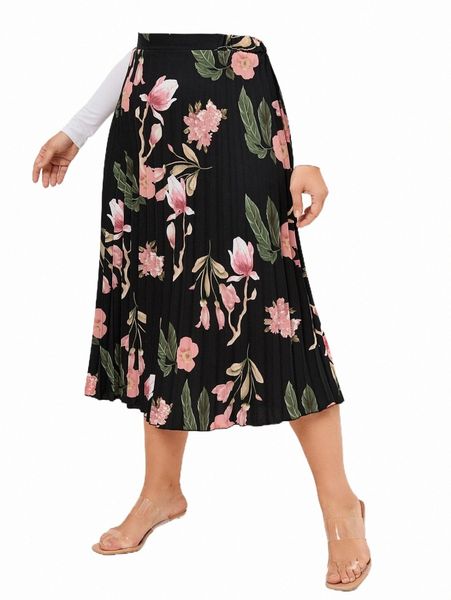 

plus floral print pleated skirt z4ai#, Black