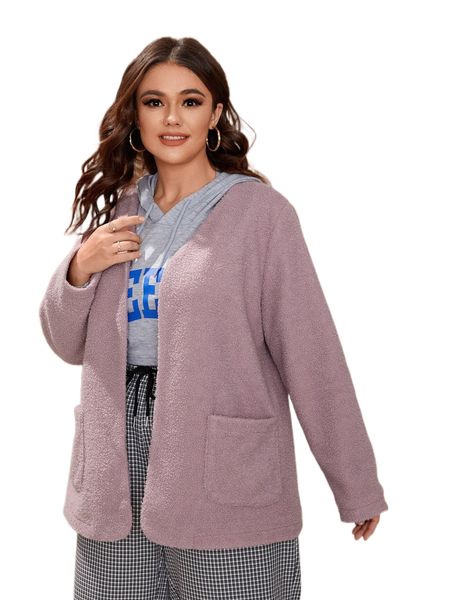 

plus double pocket open front flannel coat z6h0#, Black