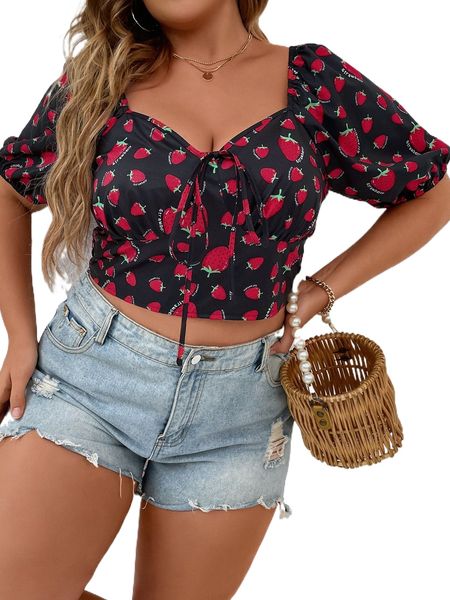 

plus strawberry print tie front blouse c3pw#, Black