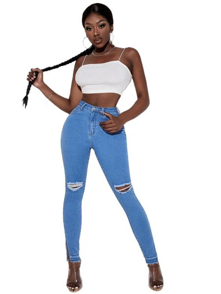 

ripped slit hem skinny jeans t0sz#, Blue